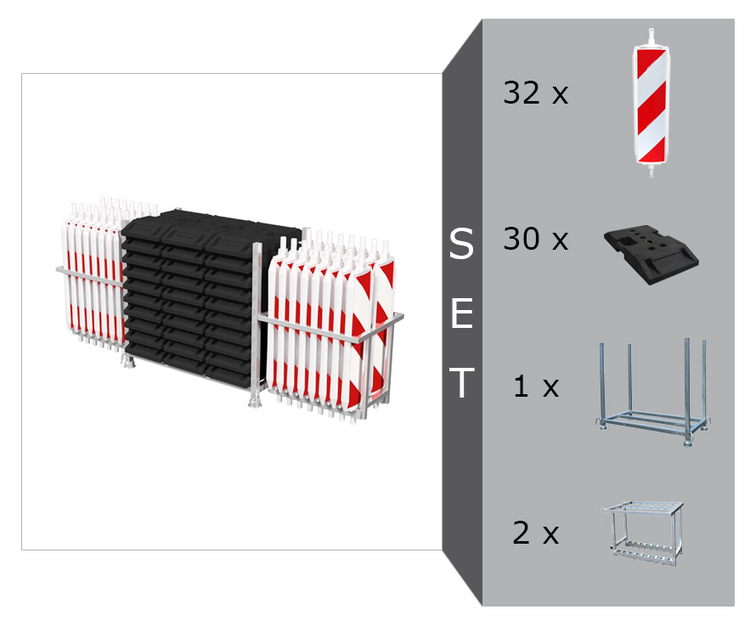 Modellbeispiel: Wendebaken Komplett-Set, 32 Baken, 30 Fußplatten, 1 Stapelpalette, 2 Bakenkörbe (Art. 36nox-set1, 36nox2-set1)