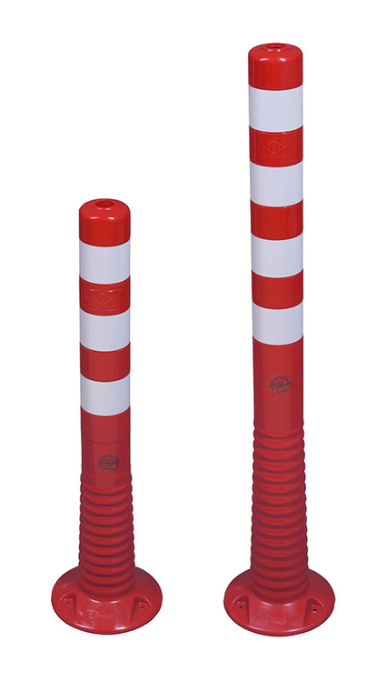 Modellbeispiele: Absperrpfosten -Elasto Red- Ø 80 mm, mit retroreflektierenden Streifen, überfahrbar, v.l.: Art. 37871, 37872
