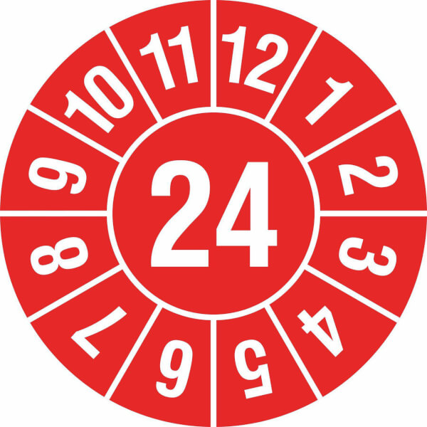 Modellbeispiel: Prüfplaketten 2024 (1 Jahr), rot, Jahreszahl 2-stellig