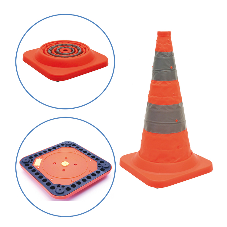 Faltleitkegel 'Cone Plus', 750 mm, gem. StVZO, Vollgummifuß, Blinklicht, orange-silber, vollrefl.