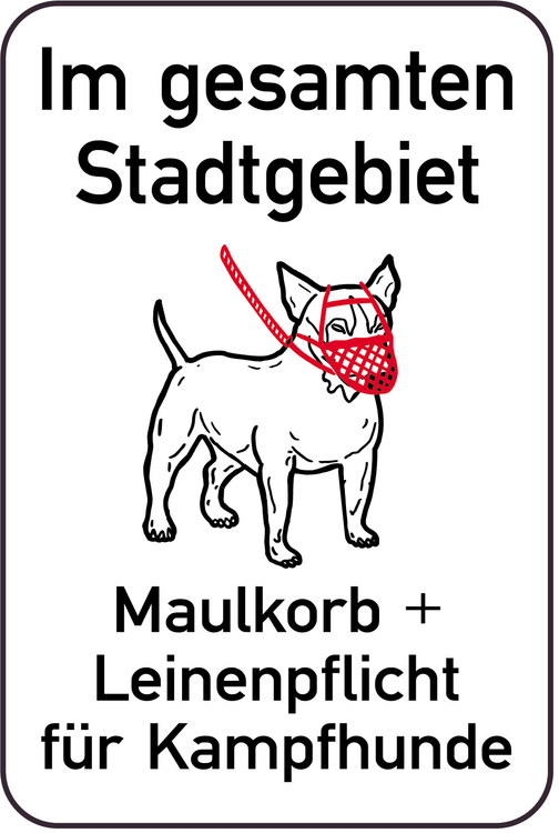 Modellbeispiel: Hundeschild, Im gesamten Stadtgebiet Maulkorb + Leinenpflicht (Art. 14879)