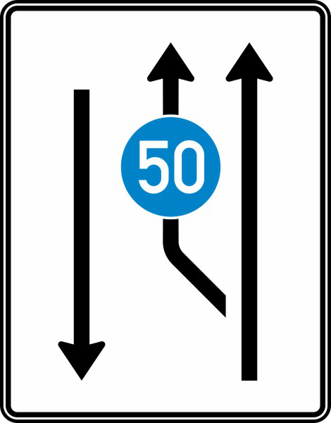 Anwendungsbeispiel: VZ Nr. 546-10 Ausweitungstafel mit Gegenverkehr mit vorgeschriebener Mindestgeschwindigkeit