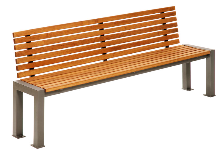 Modellbeispiel: Sitzbank -Lumino-, mobil mit Rückenlehne, aus Stahl, Sitz- und Rückenfläche aus Robinien-Holz (Art. 23127)