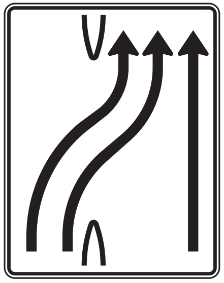 Modellbeispiel: VZ Nr. 501-28 2-streifig nach rechts, 1 Fahrstreifen geradeaus