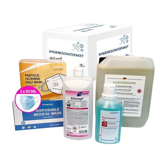 Infektionsschutzpaket 'Lager, Handwerk' inkl. Masken FFP2 und Typ 2R, Flächen- und Handdesinfektion und Waschlotion
