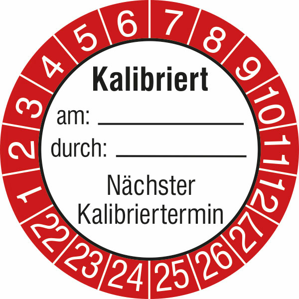 Modellbeispiel: Prüfplakette Kalibriert am... durch... Nächster Kalibriertermin (Art. 30.0826-22)