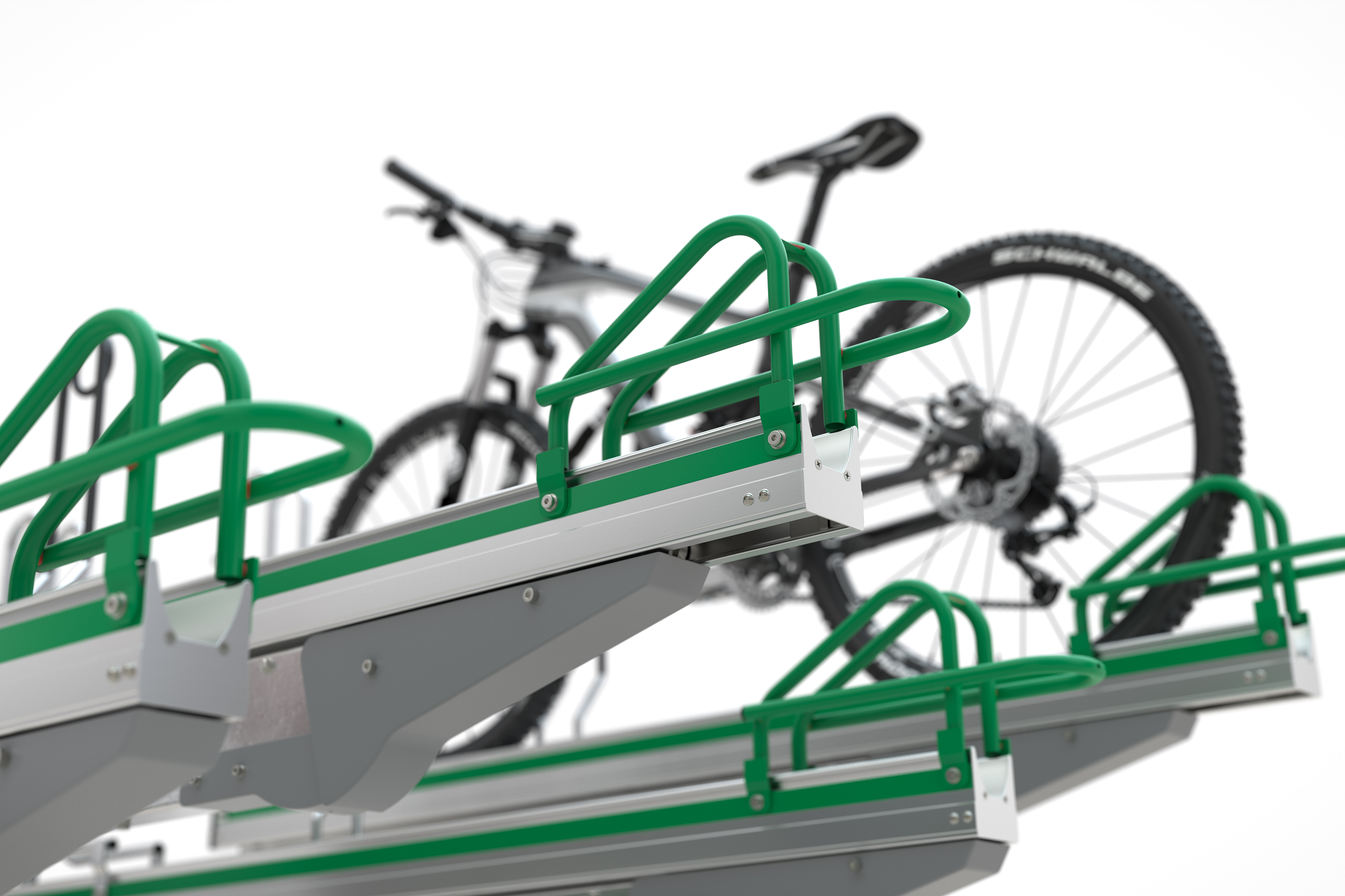Detailansicht: Sicheres Abstellen von Fahrrädern in der oberen Etage durch zusätzliche Hinterradbügel
