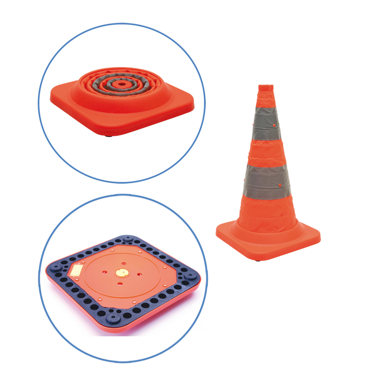 Faltleitkegel 'Cone Plus', Höhe 500 mm, gemäß StVZO, Vollgummifuß und Blinklicht, orange-silber