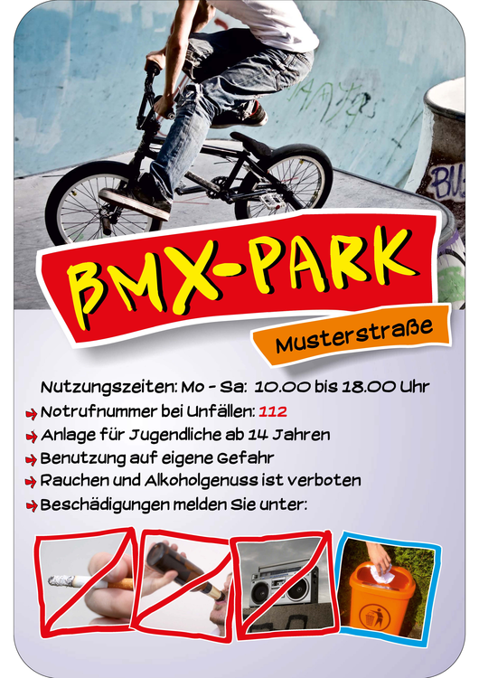 Hinweisschild 'BMX-PARK', mit individuellem Text und Piktogrammen, 400 x 600 mm