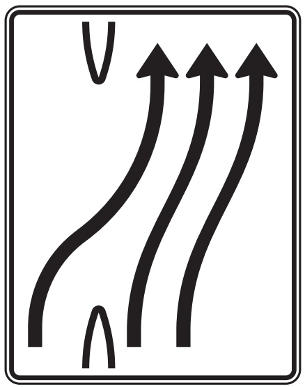 Modellbeispiel: VZ Nr. 501-24 3-streifig nach rechts, 1 Fahrstreifen übergeleitet