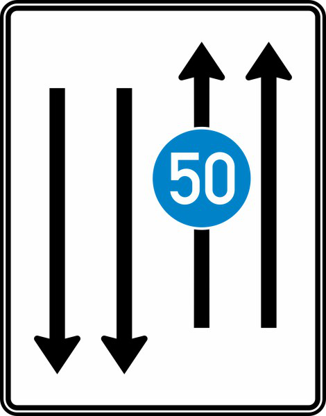 Modellbeispiel: VZ Nr. 526-33 Fahrstreifentafel mit Gegenverkehr und mit vorgeschriebener Mindestgeschwindigkeit