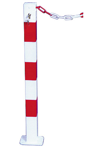 Modellbeispiel: Sperrkettenpfosten- Bollard-  70 x 70 mm, weiß beschichtet mit rot reflektierenden Leuchtstreifen (Art. 4711pb)